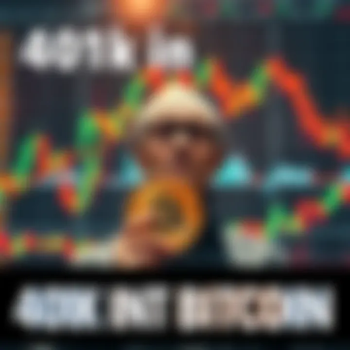 A person weighing options between a 401k and Bitcoin investment with financial charts in the background