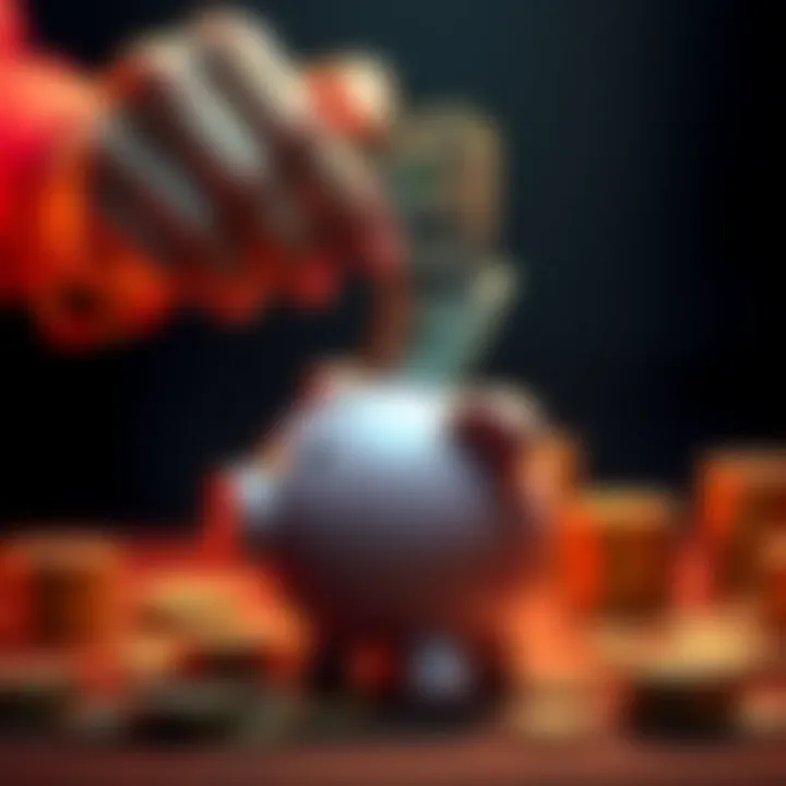 A person placing $100 bills into a piggy bank, symbolizing consistent investing from each paycheck.