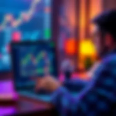A person analyzing cryptocurrency graphs on a laptop with charts showing fluctuations, contemplating an investment strategy