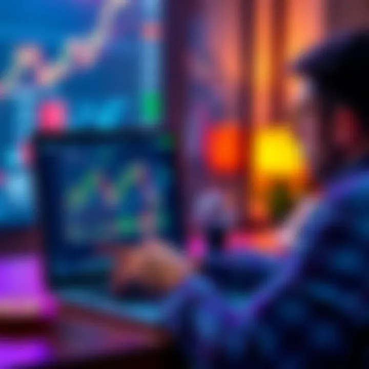 A person analyzing cryptocurrency graphs on a laptop with charts showing fluctuations, contemplating an investment strategy