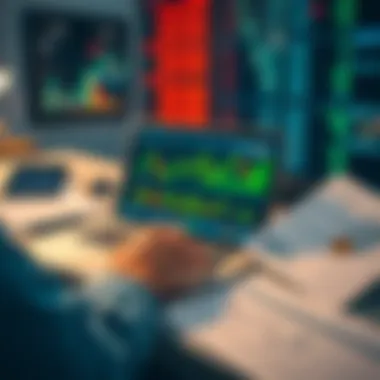 A person analyzing stock charts and cryptocurrency trends on a laptop with financial documents spread out.