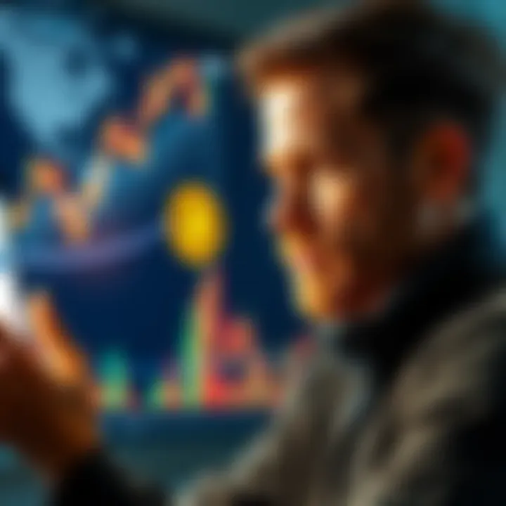 A person looking at a chart showing Dogecoin's performance with a thoughtful expression, symbolizing investment decisions.