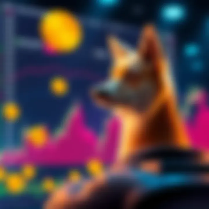 A person looks at a chart showing Dogecoin prices with cryptocurrency symbols around them.