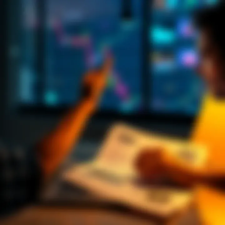 A person contemplating investment options with a laptop and Roth IRA documents featuring FBTC graphics