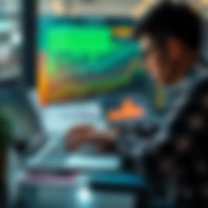 A person analyzing H-bar investments with charts and graphs on a laptop, contemplating dollar cost averaging strategies.