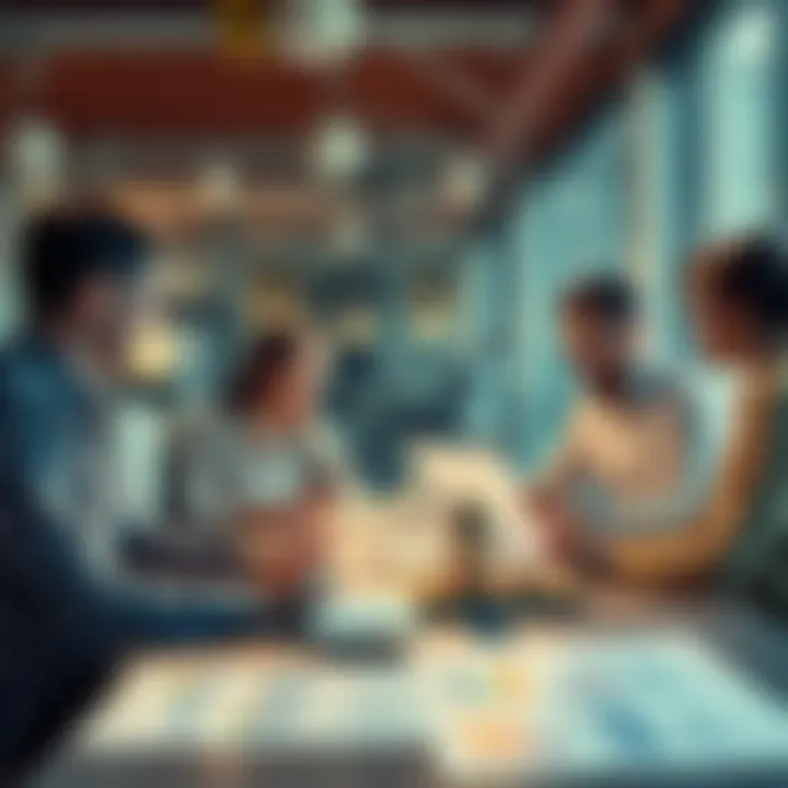 A group of people studying charts and discussing altcoin investments in a modern office setting.
