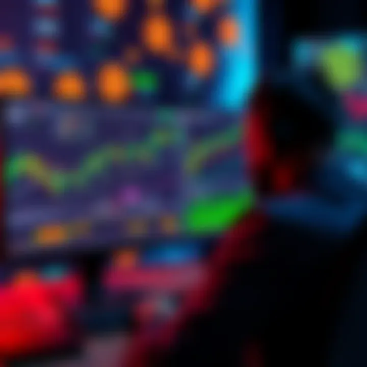 A person analyzing financial charts and data on a computer screen with ATOM cryptocurrency symbols in the background.