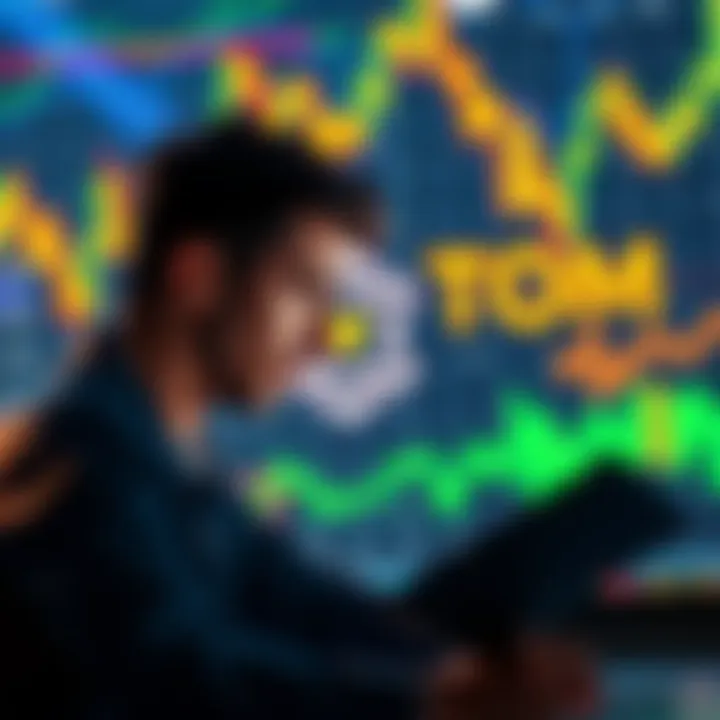 Investing in ATOM Cryptocurrency A person analyzing cryptocurrency charts with ATOM logo in the background, highlighting high staking APY potential