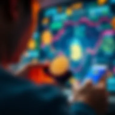 A person using a smartphone to invest in Bitcoin through a mobile app, with a visual representation of Bitcoin and digital security features in the background.