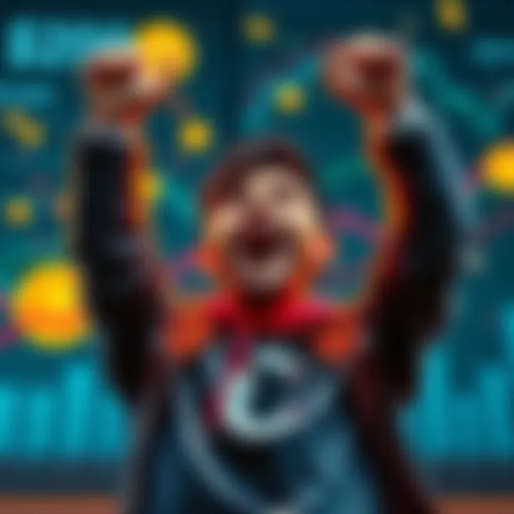 A person celebrating a $200 investment in the Cosmos cryptocurrency, with visual elements of digital coins and growth charts in the background.