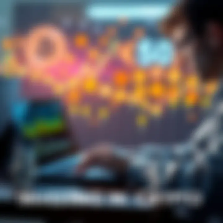 A person looking at a digital chart on a laptop, analyzing cryptocurrency market trends, with various coin icons in the background.