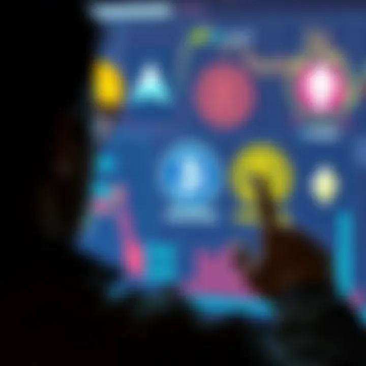 A person examining various cryptocurrency logos including Bitcoin, Avalanche, Chainlink, and Cosmos on a digital screen.