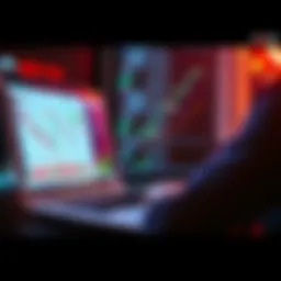 A person analyzing cryptocurrency trends on a laptop with graphs showing market fluctuations for HBAR and Bitcoin