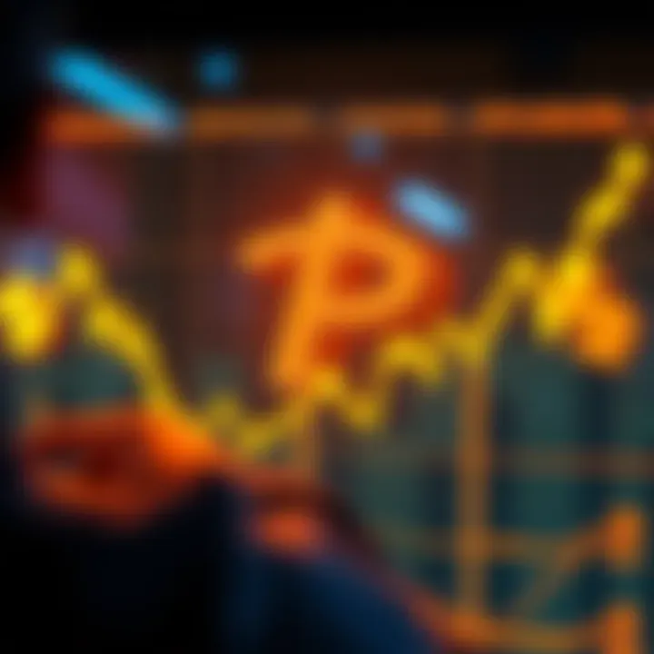 A person looking at a chart with fluctuating lines and dollar signs representing investment risks in Pi.