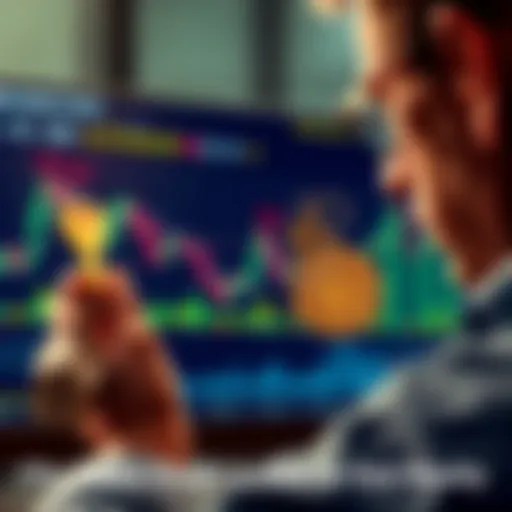 A person looking at a chart showing falling cryptocurrency values while holding a house key and a gold coin, symbolizing a shift to tangible investments.