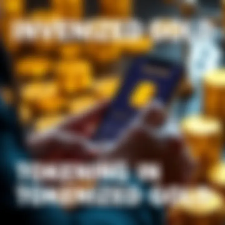 A person analyzing tokenized gold options on a smartphone with gold coins and cryptocurrency symbols in the background.