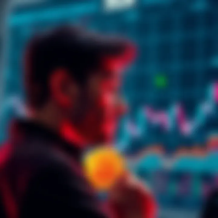 A person contemplating investment choices between Bitcoin and cash, with a backdrop of financial charts and currency symbols.