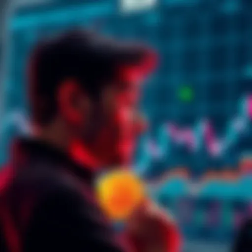 Investing Options in 2026 A person contemplating investment choices between Bitcoin and cash, with a backdrop of financial charts and currency symbols.