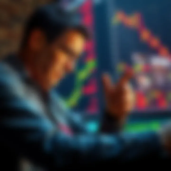 A worried investor looking at stock charts and graphs showing declines, representing risks associated with STRC investments influenced by Michael Saylor.