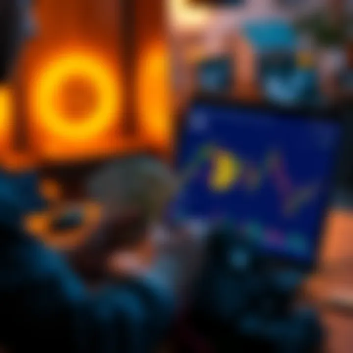 A person looking at a Bitcoin chart on a laptop while holding money, contemplating investment decisions