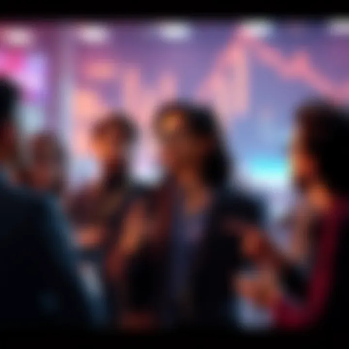 Group of people discussing investment strategies and potential market gains.