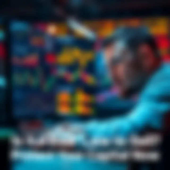 A person analyzing financial charts on a computer, looking concerned about market trends and potential risks of selling investments.