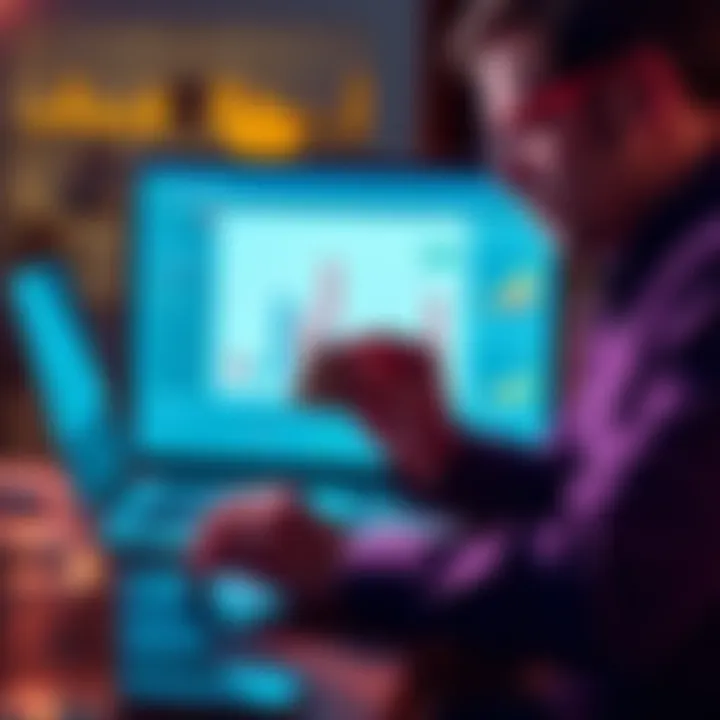 A person analyzing various investment options on a laptop with cash in hand