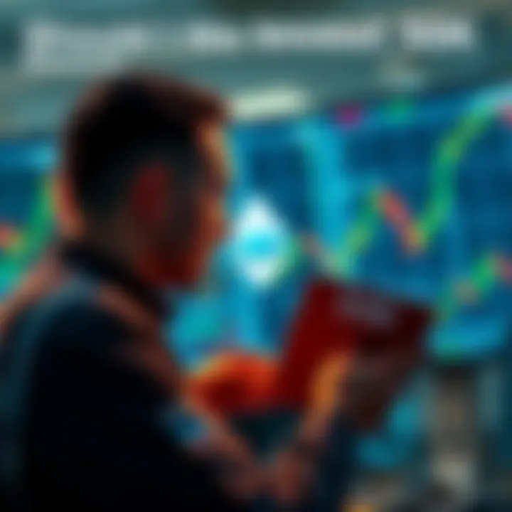A trader contemplating a $50K investment in Ethereum, surrounded by charts and graphs reflecting market trends.
