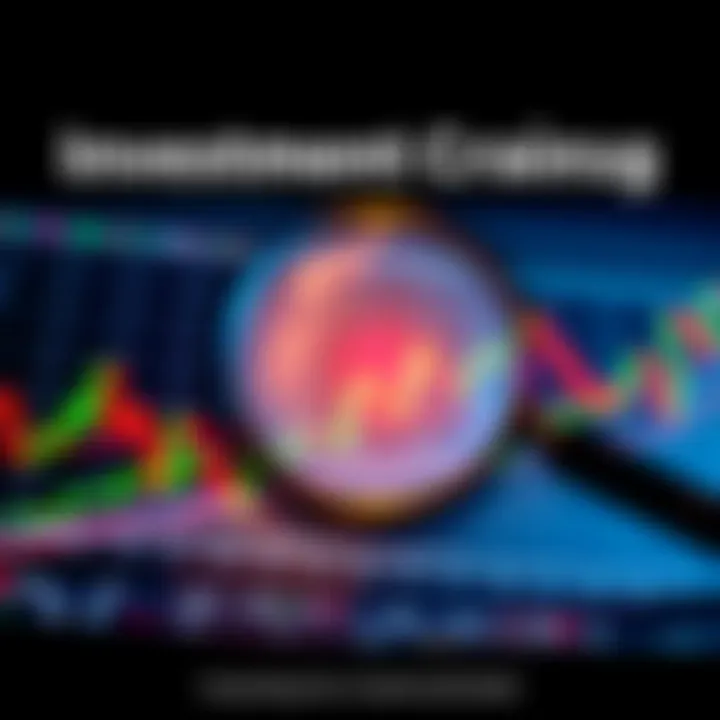 A graph showing fluctuating market trends with a magnifying glass highlighting a specific point of interest, symbolizing investment timing evaluation.