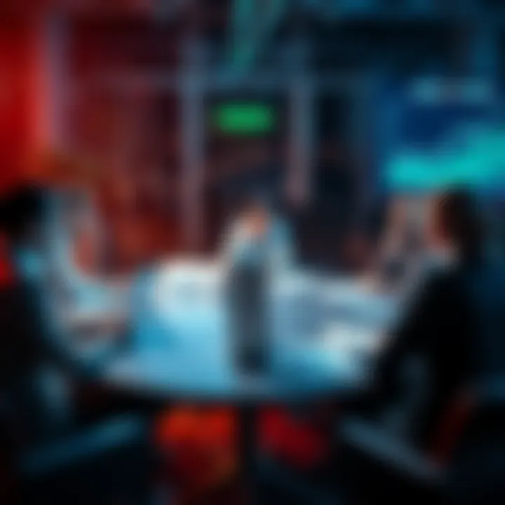 A group of people discussing investment strategies at a round table with charts and graphs on display, showing market trends and risks.