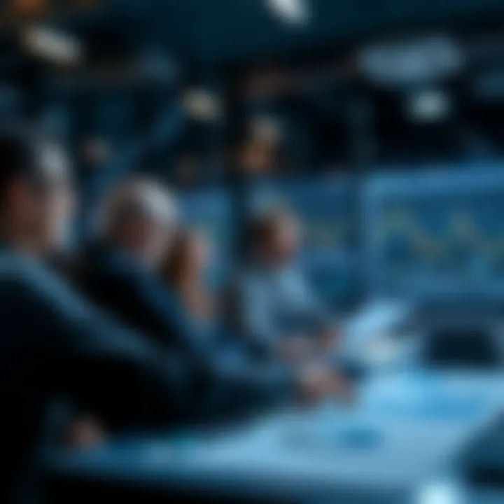 A group of people discussing investment opportunities at a table with charts and graphs