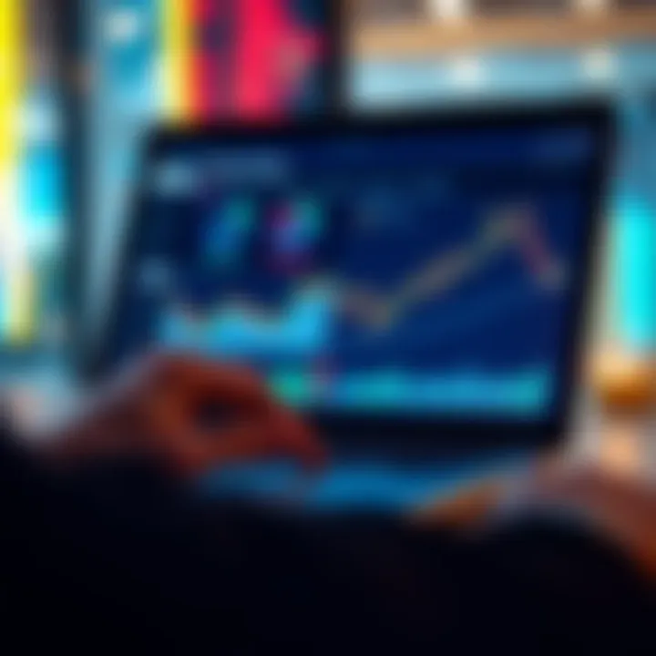 A person analyzing market trends on a laptop with graphs and charts showing potential growth and investment opportunities.