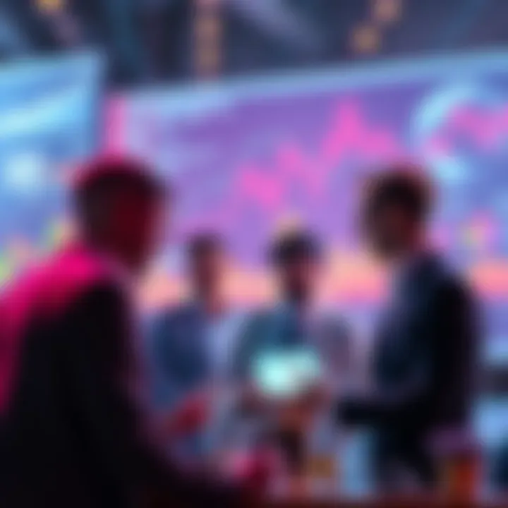 A group of people discussing investment strategies with charts and graphs in the background