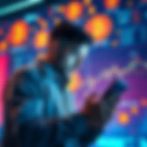 Investment in Bitcoin A person looking at Bitcoin charts on a digital device, contemplating an investment decision, surrounded by financial symbols.