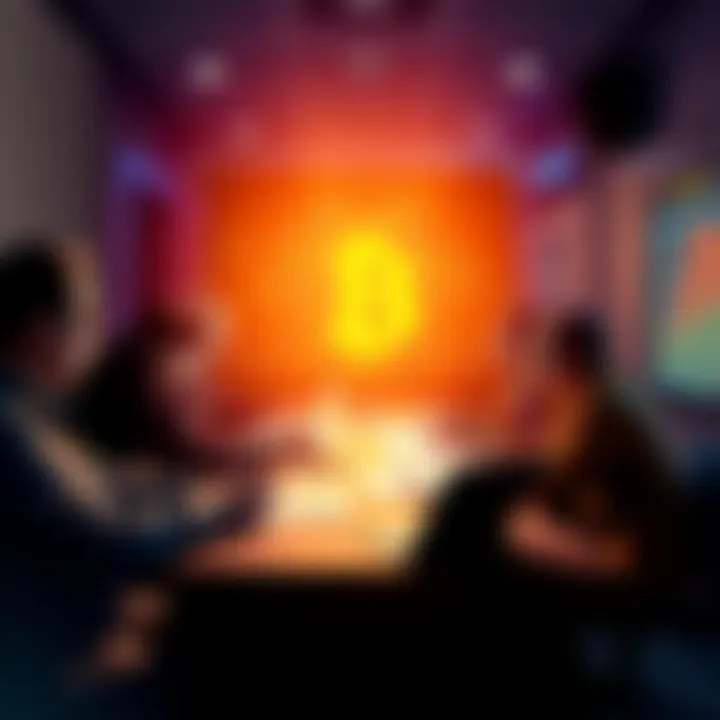 A group of people discussing Bitcoin investment strategies, with graphs and charts showing market trends on a table.