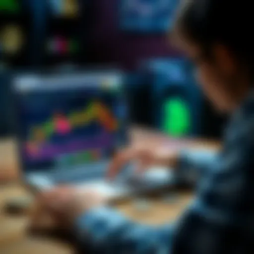 A person considering an investment in Zcash, with a laptop showing Zcash price graphs and coins on the table.