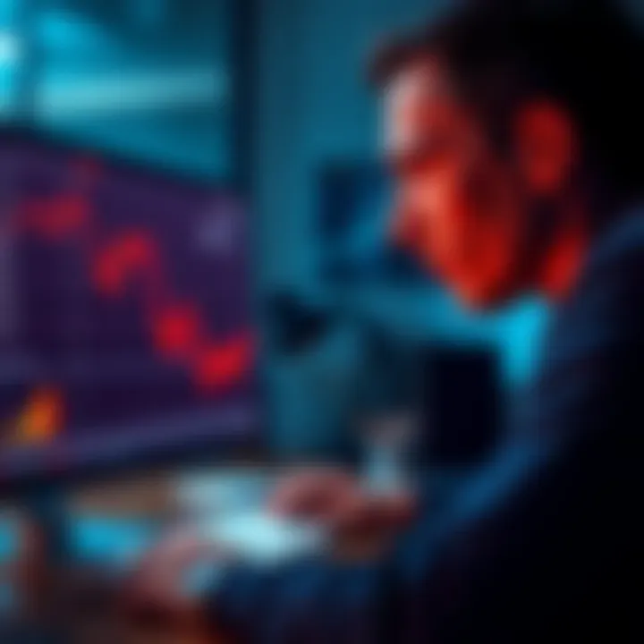 A disappointed person looking at a declining graph on a computer screen, representing significant investment loss.