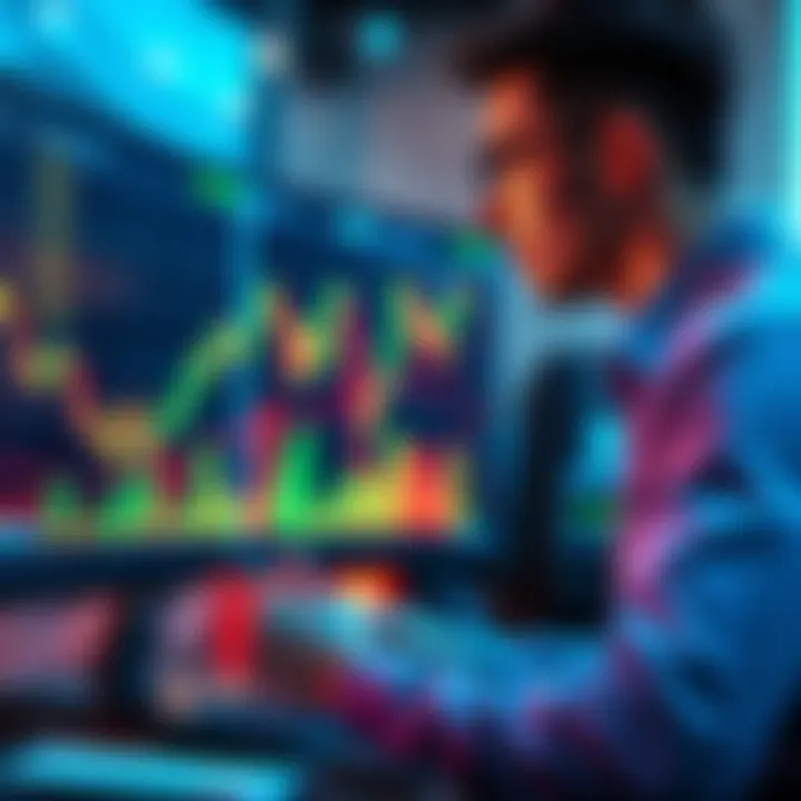 A person analyzing financial graphs on a computer screen with rising stock charts and dollar signs in the background.