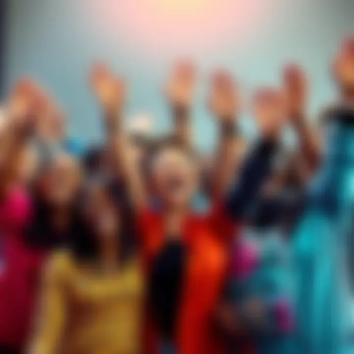 A cheerful group of diverse people celebrating an investment opportunity with raised hands and smiling faces, symbolizing support and enthusiasm.