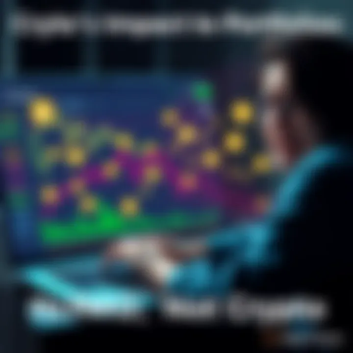 A person analyzing an investment portfolio with various cryptocurrency symbols on a laptop screen, showing a mix of excitement and concern.