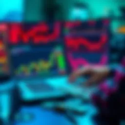 A person analyzing market charts on a laptop with financial graphs and dollar bills on the table