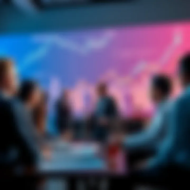 A group of people discussing different investment strategies, with charts and graphs in the background.