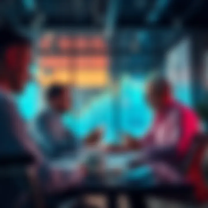 A group of investors analyzing market trends and strategies in a modern office setting, focused on making significant investments.