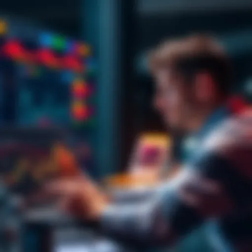 A person contemplating investment decisions while looking at a stock market chart on a laptop.