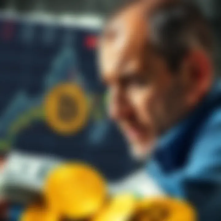 An investor looks concerned while examining a Bitcoin price chart with a backdrop of dollar bills, symbolizing their decision to buy at a high price.