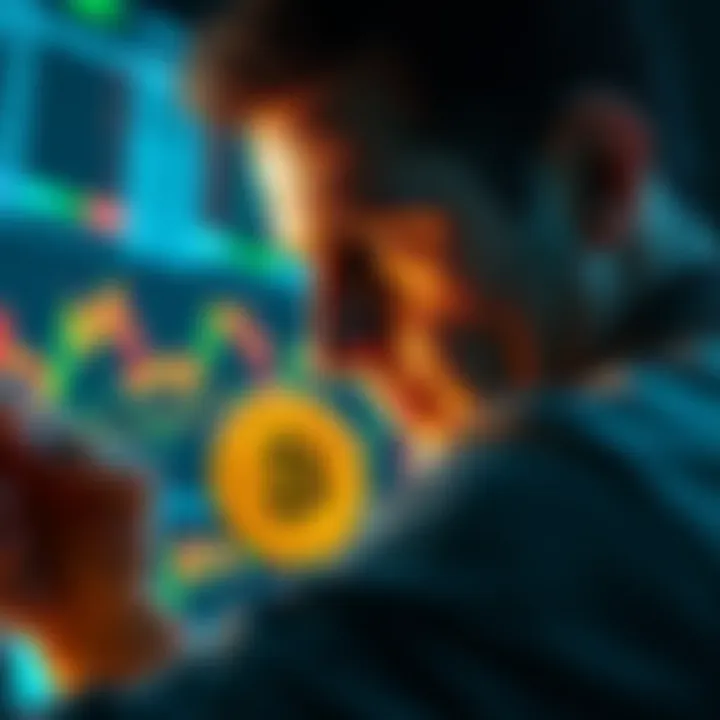 A determined investor looking at Bitcoin charts, symbolizing a shift from traditional markets to cryptocurrency.