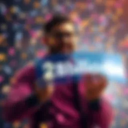 A happy investor holding a digital display showing 2 billion SHIB coins, with celebration confetti in the background