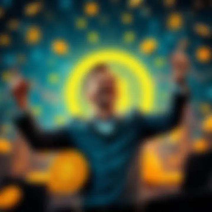 Happy investor celebrating after reaching 1.01 BTC, surrounded by Bitcoin symbols and charts.
