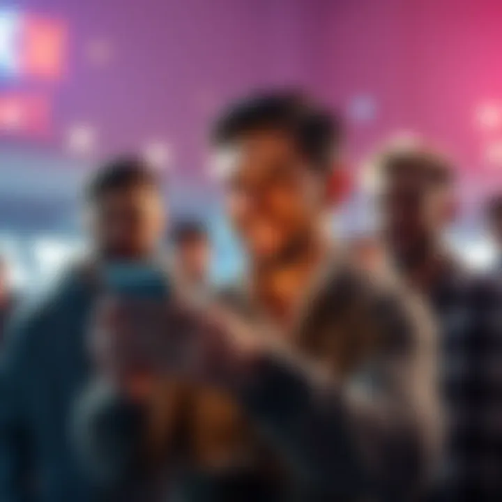 An investor smiling while checking their cryptocurrency gains on a phone, surrounded by friends who are disappointed after sports betting losses.