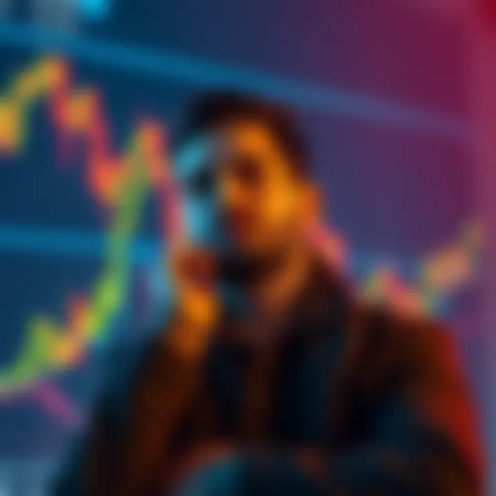 A person reflecting on their cryptocurrency investments, looking thoughtful with a digital currency chart in the background.